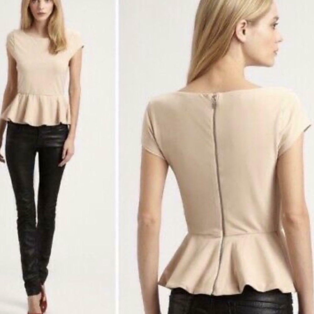 Alice and Olivia Cream Nude/Tan Peplum Short Sleeve Blouse